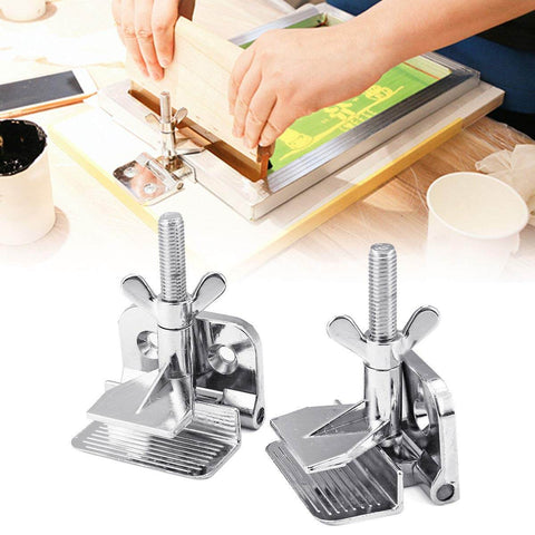 Two Pack Butterfly Frame Hinge Clamp Set For Screen Printing Heavy Duty Zinc Alloy DIY Hobby Tool With Screws visible in use.