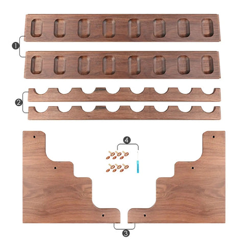 Premium Solid Wood Pipe Stand Featuring 16 Custom Cubbies Double Tier Desktop Tobacco Display Rack parts layout with screws.