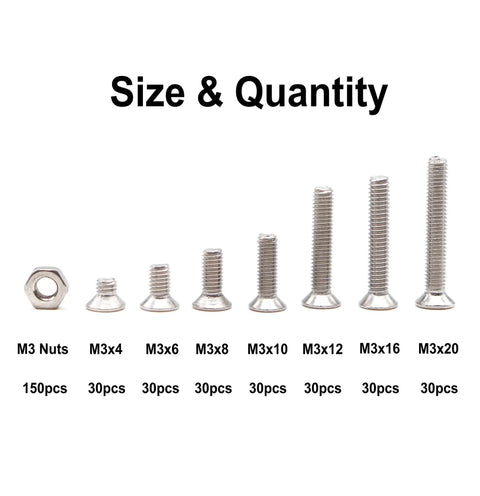 Badass Grade M3 Countersunk Flat Head Phillips Machine Screw And M3 Hex Nut Assortment Kit crafted from 304 stainless steel, size and quantity.