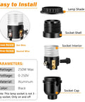 UL Listed E26 Light Socket With On Off Switch, diagram showing socket shell, interior, and cap details, black aluminum