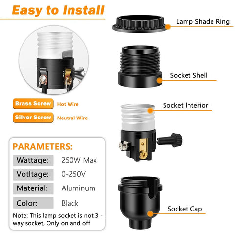 UL Listed E26 Light Socket With On Off Switch, diagram showing socket shell, interior, and cap details, black aluminum