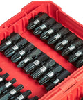 Close-up of Tough As Nails 42 Piece Impact Screwdriver Bit Set with Phillips, Slotted, and Torx bits in red portable storage case.