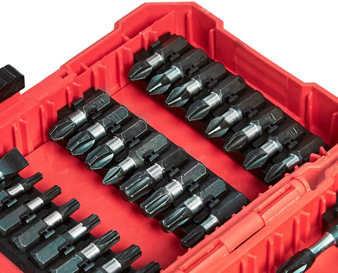Close-up of Tough As Nails 42 Piece Impact Screwdriver Bit Set with Phillips, Slotted, and Torx bits in red portable storage case.