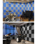 Kickass High Density Soundproof Wall Panels 12 Pack Black Acoustic Foam Wedge Tiles covering a music studio wall.