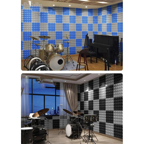 Kickass High Density Soundproof Wall Panels 12 Pack Black Acoustic Foam Wedge Tiles covering a music studio wall.
