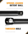Close-up view of spring-loaded detent ball and through-hole on Half Inch Drive Impact Extension Bar Set For Socket Extensions, 3 Piece, 3, 5, And 10 Inch Lengths, Premium Chrome Vanadium Steel With Black Phosphate Finish, Built Tough, Deformation-Resistant, Torque Ready, Pro Grade.