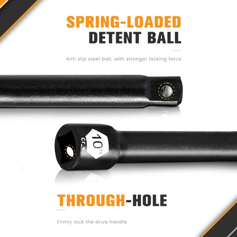 Close-up view of spring-loaded detent ball and through-hole on Half Inch Drive Impact Extension Bar Set For Socket Extensions, 3 Piece, 3, 5, And 10 Inch Lengths, Premium Chrome Vanadium Steel With Black Phosphate Finish, Built Tough, Deformation-Resistant, Torque Ready, Pro Grade.