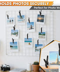 36 Pack Balloon Arch Clips With Heavy Duty Spring Clamps For Party Decor Durable 3.4 Inch Backdrop Clips Reusable Balloon Holder Grips For Archways Photo Backdrops And Epic Event Setups. Black spring clips holding photos on a white grid wall