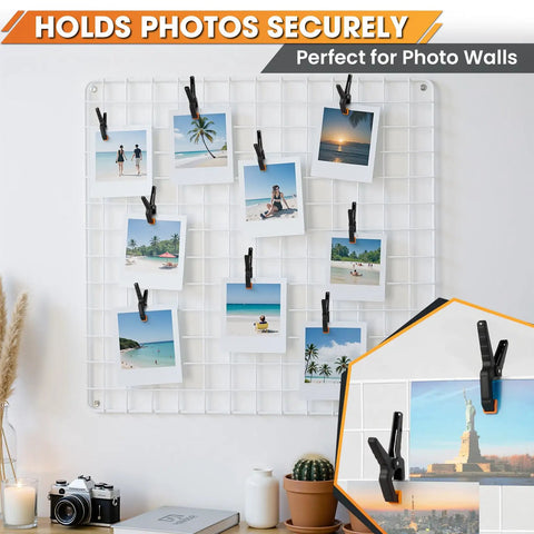 36 Pack Balloon Arch Clips With Heavy Duty Spring Clamps For Party Decor Durable 3.4 Inch Backdrop Clips Reusable Balloon Holder Grips For Archways Photo Backdrops And Epic Event Setups. Black spring clips holding photos on a white grid wall