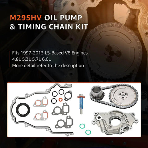 Beefed Up High Volume Oil Pump Timing Chain Kit With Gaskets M295HV for Chevy GM V8 Engines in display packaging