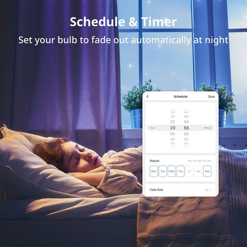 Child sleeping in a bedroom with Smart LED Light Bulb Color Changing Dimmable WiFi Bluetooth Bulb Works With Alexa And Google Assistant Four Pack