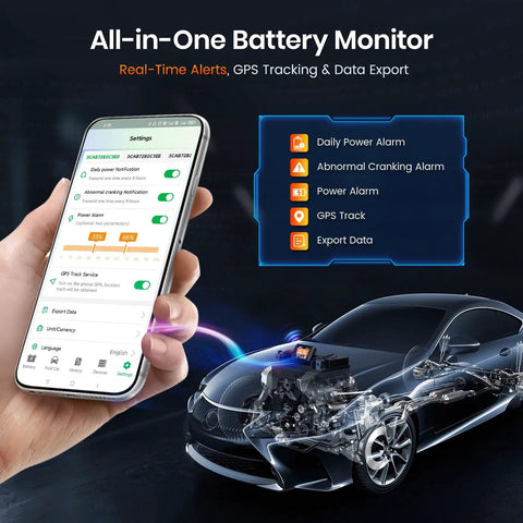 Universal Bluetooth Battery Monitor For 6V 12V 24V Rides showing app settings for real-time battery tracking on smartphone