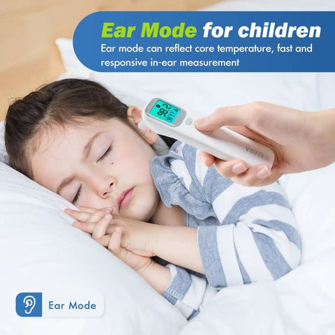 Kid Friendly Forehead And Ear Thermometer With No Contact 1 Second Reading For Kids And Adults Fever Alarm Mute Mode LCD Display Touchless Scan For Babies Toddlers And Family measuring a sleeping child’s ear