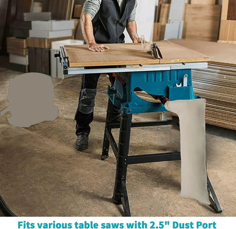 Heavy Duty Table Saw Dust Collector Bag With Wire Support Frame attached to 10 inch tablesaw in workshop