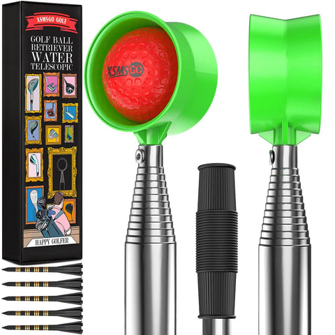 Telescopic Stainless Steel Golf Ball Retriever 9Ft 12Ft Long Reach With Double Sided Cup Durable Pick Up Tool displayed with packaging