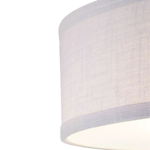 Close-up of off-white linen shade of Inspire Collection Antique Bronze Three Light Semi Flush Mount Ceiling Light For Bathrooms Closets Bedrooms And Hallways 18 Inch Fixture Perfect For Kitchen Upgrades And Ambient Everyday Illumination.