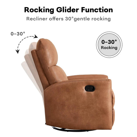Side view of Swivel Rocker Recliner Chair With Faux Leather, Manual Glider, 360 Degree Swivel, Nursery Friendly For Adults, Padded Backrest