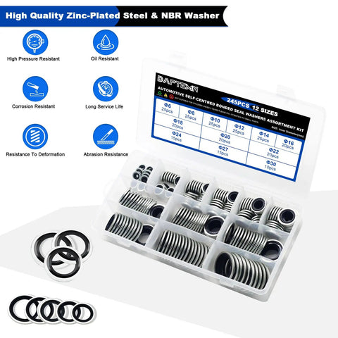 245 Piece Bonded Sealing Washers Set For Automotive And Marine Use NBR Rubber With Zinc Plated Steel Self Centered Gasket Washers