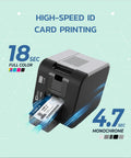 Plug And Play Desktop Identification Card Printer With Built In Camera And Full Color Ribbon Shoots Out Crisp Badges Instantly Smooth 300 Dpi Workflow That Keeps Your Crew Hustling Without Waiting On Slow Shipping Runners printing ID card in 18 seconds.
