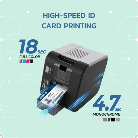 Plug And Play Desktop Identification Card Printer With Built In Camera And Full Color Ribbon Shoots Out Crisp Badges Instantly Smooth 300 Dpi Workflow That Keeps Your Crew Hustling Without Waiting On Slow Shipping Runners printing ID card in 18 seconds.
