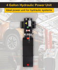 Beefy Hydraulic Pump 16 Quart 4 Gallon Power Unit for Dump Trailers and Industrial Lifts shown in workshop setting