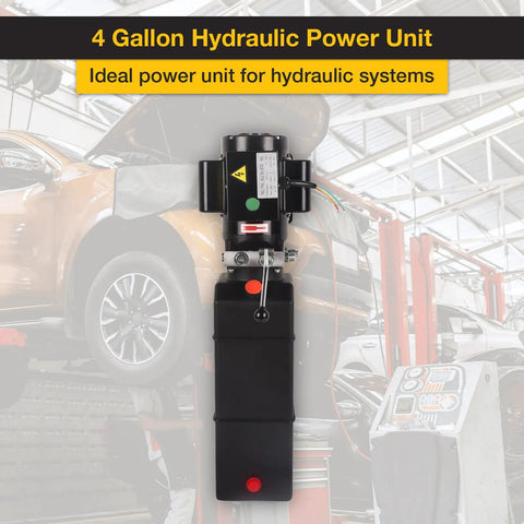Beefy Hydraulic Pump 16 Quart 4 Gallon Power Unit for Dump Trailers and Industrial Lifts shown in workshop setting