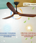 Farmhouse Outdoor Ceiling Fan With Lights, 60 Inch Wood Blade Damp Rated For Patios Gazebos And Porches, Remote Control, rotation options, seasons displayed.