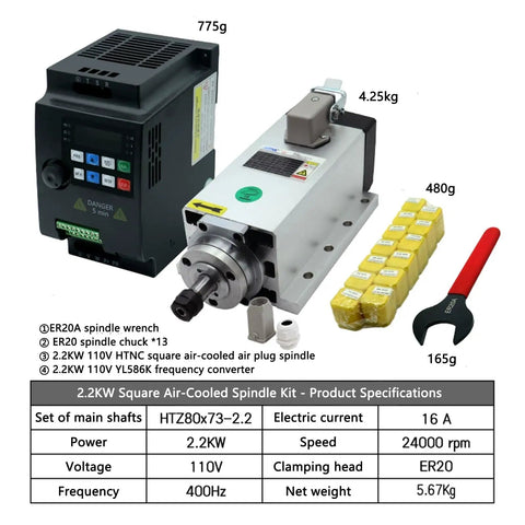 Hassle Free Air Cooled CNC Spindle Motor Kit With 2.2 KW Quad Angle Vfd Inverter And Full Er20 Collet Set image showing components including VFD and spindle.