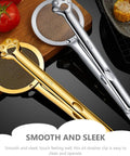 Angled view of Amazon stainless steel oil strainer spoon and frying oil filter clamp in gold and silver finishes