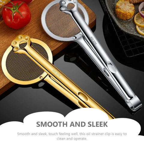 Angled view of Amazon stainless steel oil strainer spoon and frying oil filter clamp in gold and silver finishes