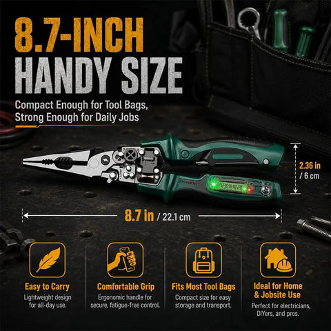 All In One 4-In-1 Wire Stripping And Testing Pliers With Built-In LCD Voltage Tester, Foldable Multitool For Cutting, Stripping, Crimping And Repair On DIY Home Wiring Jobs, Handy Pro Grade Tool For Fast Electrical Fixes, 8.7-inch