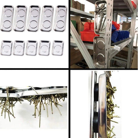 10 Piece Magnetic Tray Set For Tools And Tiny Parts, stainless steel trays holding screws and bolts on metal shelves