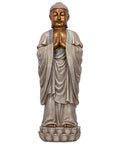 Asian Bodh Gaya Buddha Garden Statue, 30 Inch Tall Cast Stone Resin Sculpture With Faux Stone And Metallic Finish, 9 Inch Wide Hand Painted Outdoor Yard Decor For Zen Vibes On Your Patio.