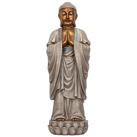 Asian Bodh Gaya Buddha Garden Statue, 30 Inch Tall Cast Stone Resin Sculpture With Faux Stone And Metallic Finish, 9 Inch Wide Hand Painted Outdoor Yard Decor For Zen Vibes On Your Patio.