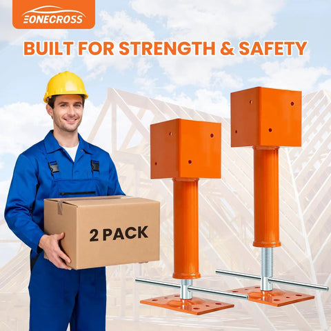 2 Pack 4X4 Adjustable Screw Jack Posts For Leveling Homes, Heavy Duty Steel Crawlspace Supports in use with a worker.