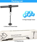 Packaging and items including Wrist and Forearm Roller, Finger Strength Trainer; Grip Gains Forearm Wrist Roller Exerciser For Strength Training And Rehab At Home Or Gym Builds Hand Strength And Forearm Power While Boosting Wrist Flexibility For Daily Workouts