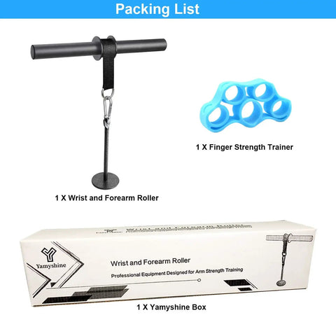 Packaging and items including Wrist and Forearm Roller, Finger Strength Trainer; Grip Gains Forearm Wrist Roller Exerciser For Strength Training And Rehab At Home Or Gym Builds Hand Strength And Forearm Power While Boosting Wrist Flexibility For Daily Workouts