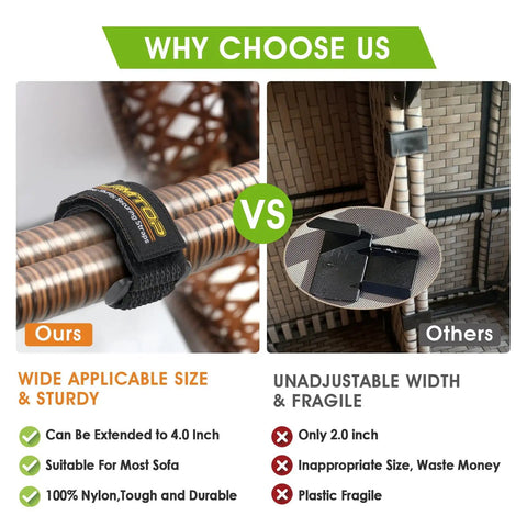 Comparison of adjustable outdoor sofa straps and clips for patios, sectional sofas, and wicker furniture with competitors.
