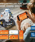Child using phone app with 3 In 1 STEM Robotics Building Kit With 776 Pieces For App And Remote Control Play Space Wars Toy
