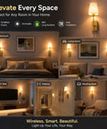 Supleap Battery Operated Wall Sconces Set of 2, Matter Smart Wall Lights in bedroom and living room settings.