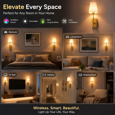 Supleap Battery Operated Wall Sconces Set of 2, Matter Smart Wall Lights in bedroom and living room settings.