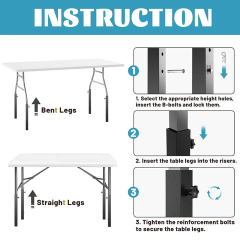 Instruction guide for Adjustable Table Leg Extenders; shows bent to straight leg adjustments for secure fitting.