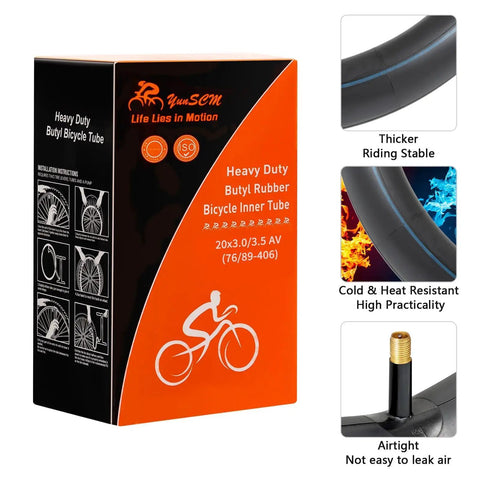 Heavy Duty 20X3 Fat Bike Inner Tubes Premium Grade Butyl Rubber Schrader Valve Compatible With 20X3.0-3.5 Fat Tires BMX City Mountain Electric Bikes 2 Pack in packaging with detailed features