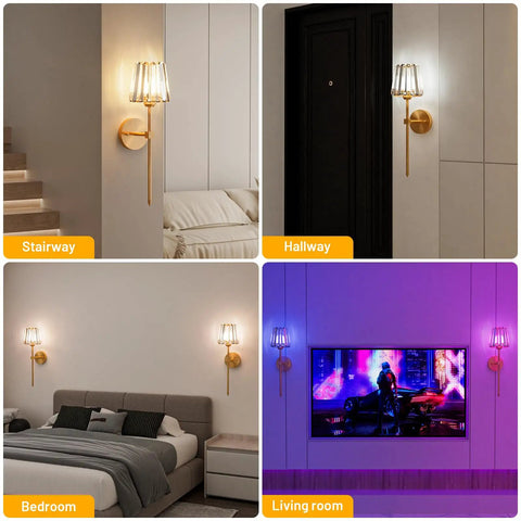 Sparkling Crystal Wall Sconces Set Of Two, Rechargeable Wireless Wall Lights With Remote, Dazzling Gold Touch Dimmer For Cozy Indoor Vibes, Quick Install Zero Wiring Drama in various home settings.