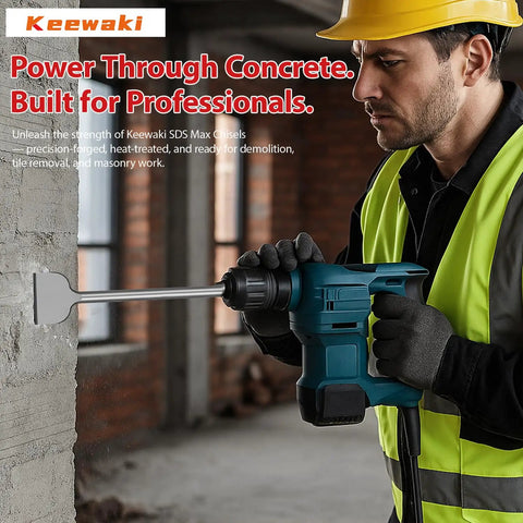 Worker using four piece SDS Max rotary hammer chisel set built for concrete tile and masonry, 18 inch chisels, heavy duty tool.