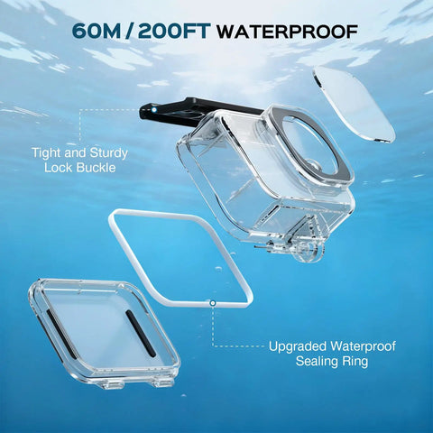IPX8 Waterproof Dive Case For DJI Osmo Action 6 showcasing the open crystal clear PMMA shell with lock buckle and sealing ring