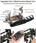 Bike Tire Repair Kit For Flat Tires With Portable Pump 120 PSI, 16 in 1 Multitool With Patch Kit And Levers, shown in closeup.