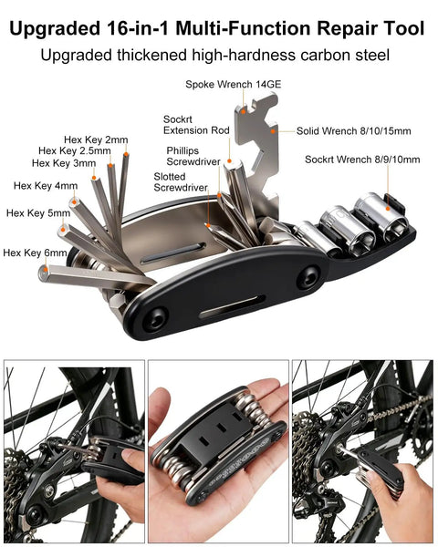 Bike Tire Repair Kit For Flat Tires With Portable Pump 120 PSI, 16 in 1 Multitool With Patch Kit And Levers, shown in closeup.