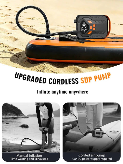 Electric Paddle Board Pump With Dual Stage Inflation 20 PSI High Pressure Rechargeable SUP Pump on beach with orange paddleboard
