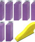 Handy 70 Piece Hand Sander Kit With Micro Finger Sander 3.5 By 1 Inch Pad, purple sandpaper 80-600 grit, yellow sander